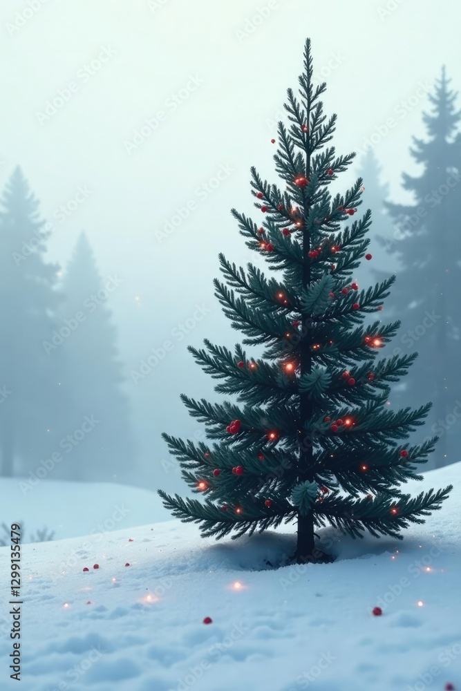 Obraz premium Single fir tree with red berries in a misty winter landscape, mist, nature, festive