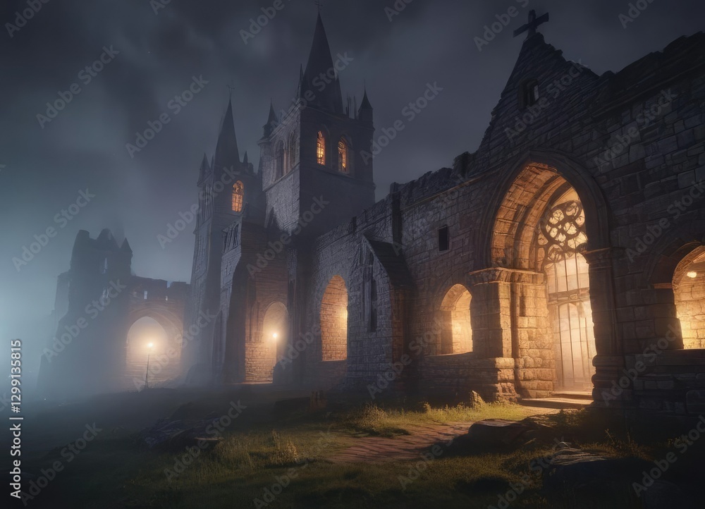 Obraz premium Weathered stone walls of old cathedral glowing softly as night falls in a thick foggy mist, glowing stone, ancient cathedral, old buildings
