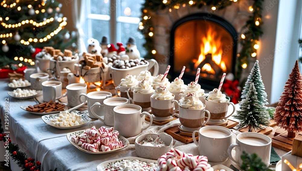 Festive Holiday Table Setting with Hot Chocolate Desserts and Cozy Fireplace Festive Holiday Table Setting with Hot Chocolate Desserts and Cozy Fireplace
