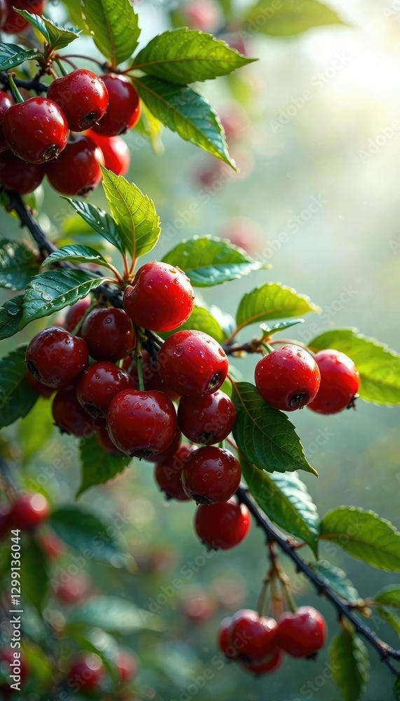 Obraz premium Wet red cherry branches with lush green leaves, springtime, plant life