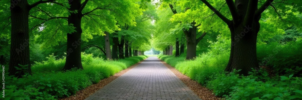 Lush trees surrounding a weathered brick path, canopy, brick, forest Lush trees surrounding a weathered brick path, canopy, brick, forest
