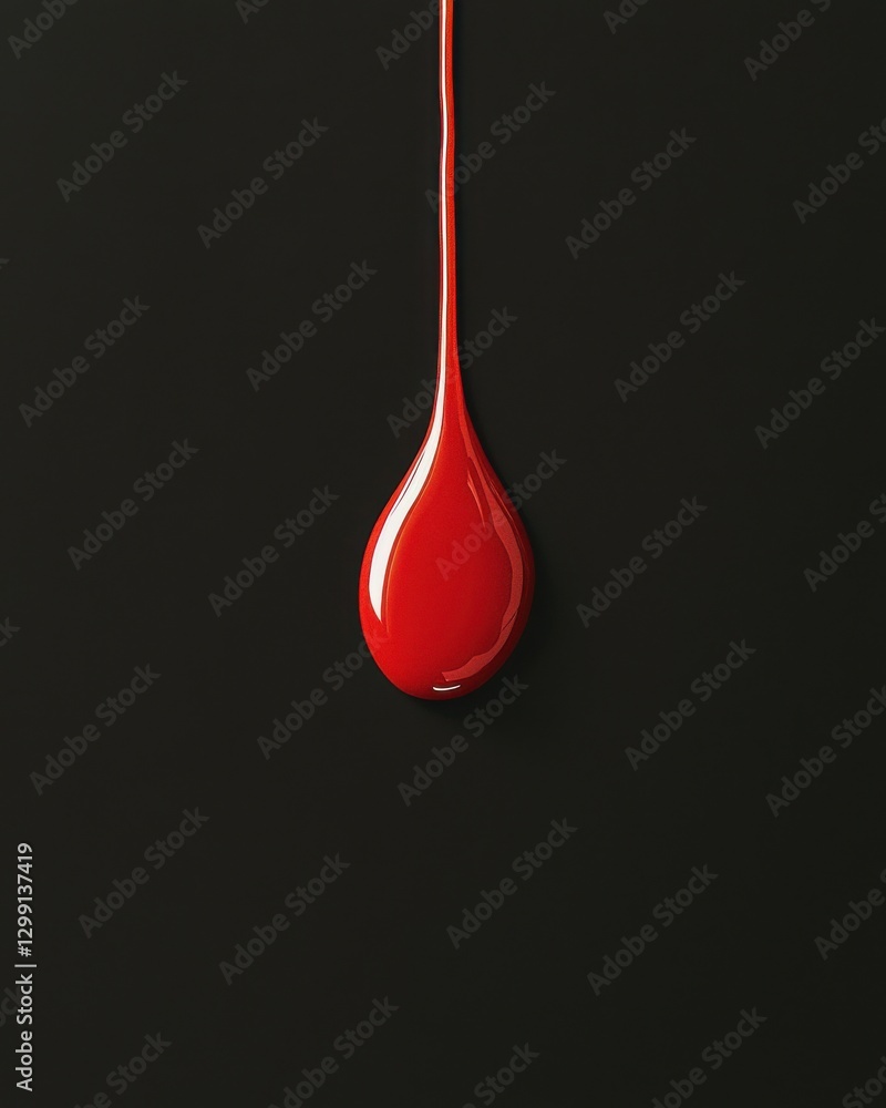 Fototapeta premium Crimson Drop Descends Gracefully Against Black Background, Dramatic High Key Studio Shot