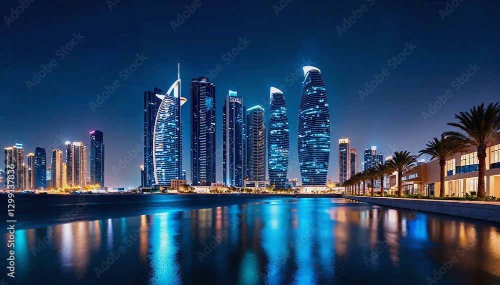 Fototapeta premium Photorealistic depiction of Abu Dhabi's iconic skyline at night