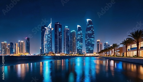 Photorealistic depiction of Abu Dhabi's iconic skyline at night photo