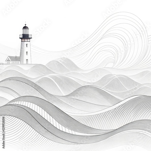 Lighthouse and Wave Composition Linear Art, Seascape Concept, Monochrome Sketch, Abstract Ocean, Lighthouse illustration lighthouse, waves