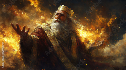 Wallpaper Mural Moses powerfully commanding as golden idol shatters vividly, divine justice dramatically symbolized by intense lighting effects, detailed atmospheric realism, expressive textures, Torontodigital.ca