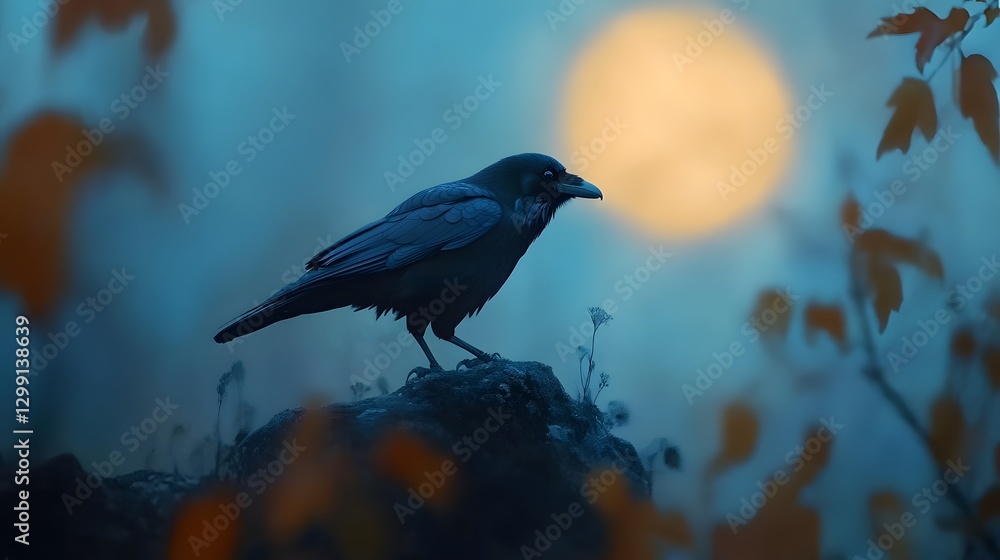 Fototapeta premium Majestic raven perched on a rugged rock under the full moon, its dark feathers glowing against the misty twilight. Ideal for fantasy themes, mystical storytelling, and nature photography