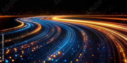A swirling, colorful line of lights that appears to be in motion. The colors are blue and orange. Concept of technology and connectivity.