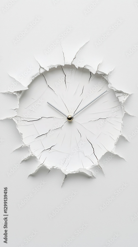 Obraz premium Cracked Wall Clock Time Concept White Background Conceptual Modern Design Surreal Abstract Minimalist