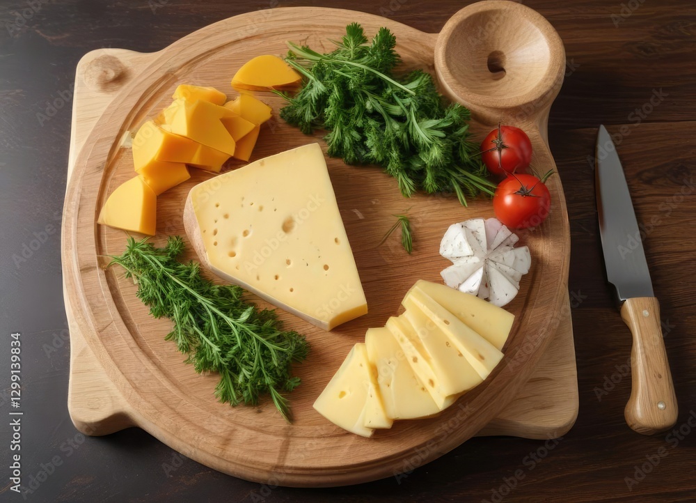 Wooden cutting board with a cheese wheel and a few garnishes like parsley or rosemary, artisanal cheese, wedge cheese, cheese selection Wooden cutting board with a cheese wheel and a few garnishes like parsley or rosemary, artisanal cheese, wedge cheese, cheese selection