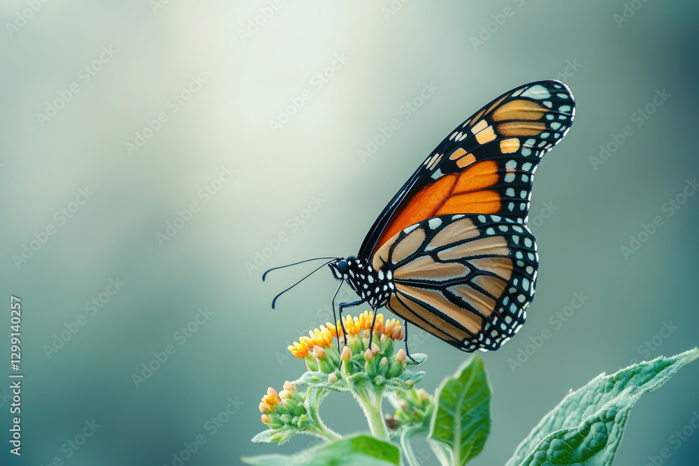 Fototapeta premium A monarch butterfly delicately perched on vibrant yellow flowers, showcasing its striking orange and black wings.