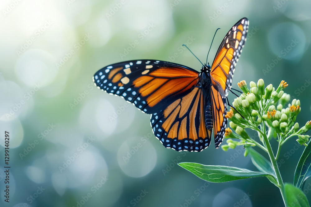 Fototapeta premium A monarch butterfly with vibrant orange and black wings rests on a delicate green plant, showcasing its beauty in a natural setting.