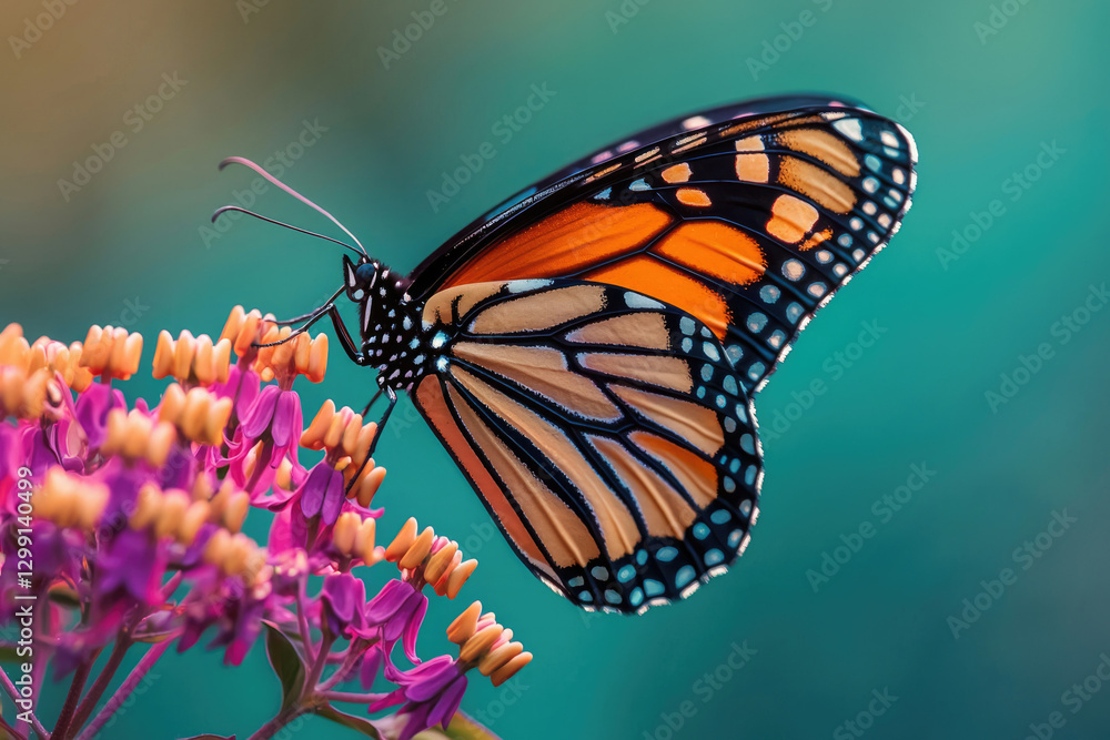Obraz premium A monarch butterfly with vibrant orange and black wings delicately feeding on a cluster of purple and orange flowers.