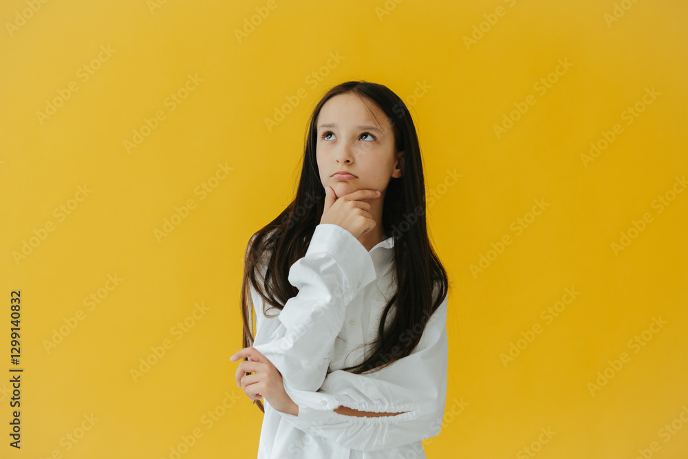 Contemplative Young Girl with Long Hair Against Yellow Background Contemplative Young Girl with Long Hair Against Yellow Background