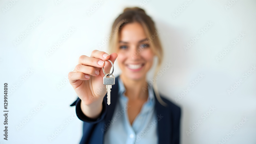 A smiling real estate agent holds a key chain to his house and hands it to the viewer, symbolizing a time of change and new beginnings.