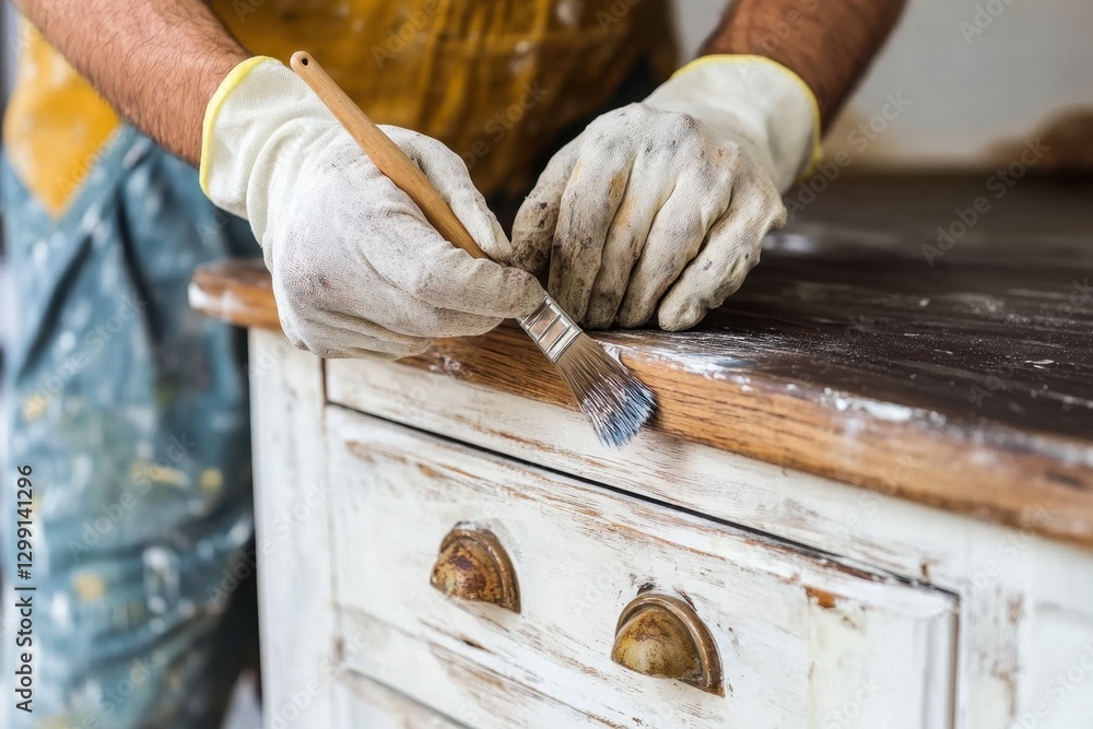 Carpenter restoring old wooden furniture using paintbrush and white paint