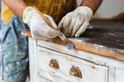 Obraz na płótnie Carpenter restoring old wooden furniture using paintbrush and white paint w salonie