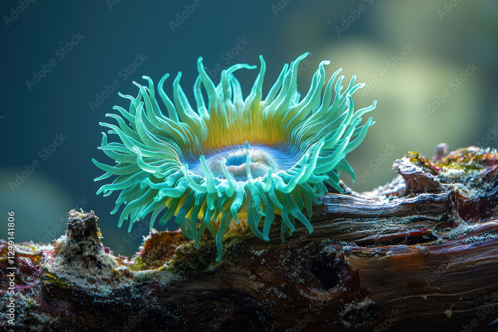 Obraz premium A vibrant sea anemone, teal and yellow, gracefully rests on a weathered piece of driftwood in the ocean.