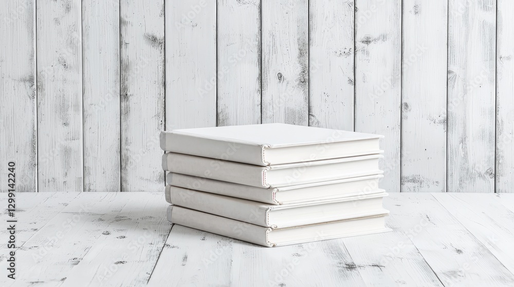 Stack of blank white books on white wooden background Stack of blank white books on white wooden background