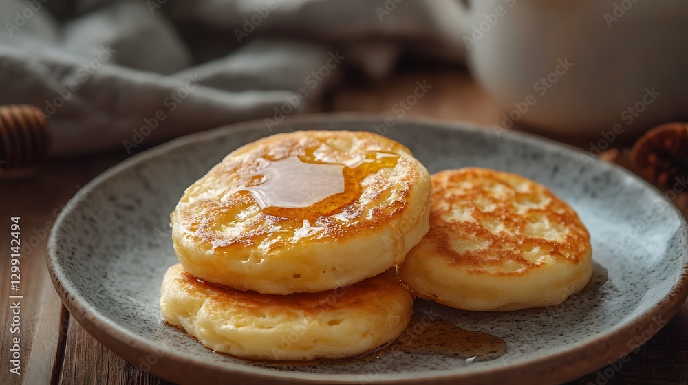 Stack of syrniki drizzled with honey, golden brown and delicious. Traditional Slavic breakfast dish. Stack of syrniki drizzled with honey, golden brown and delicious. Traditional Slavic breakfast dish.