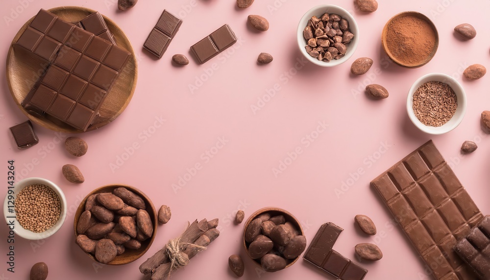 Fototapeta premium Firefly and chocolate ingredients arranged on a soft pink background with a stylish edge frame