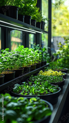 Hydroponic garden showcasing vibrant greens and herbs flourishing on a sunlit windowsill in a modern indoor space
