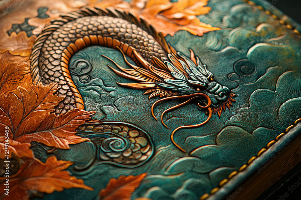 custom made wallpaper toronto digitalIntricate leather carving depicts a dragon amidst autumn leaves and clouds, showcasing exceptional craftsmanship.