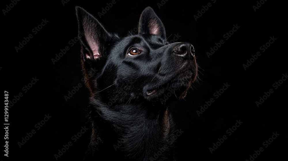 Black dog portrait, attentive gaze, dark background Black dog portrait, attentive gaze, dark background