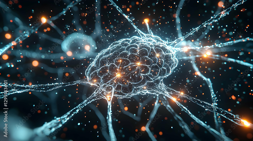 Abstract Representation of Brain Neural Network with Glowing Blue and Orange Neurons Abstract Representation of Brain Neural Network with Glowing Blue and Orange Neurons