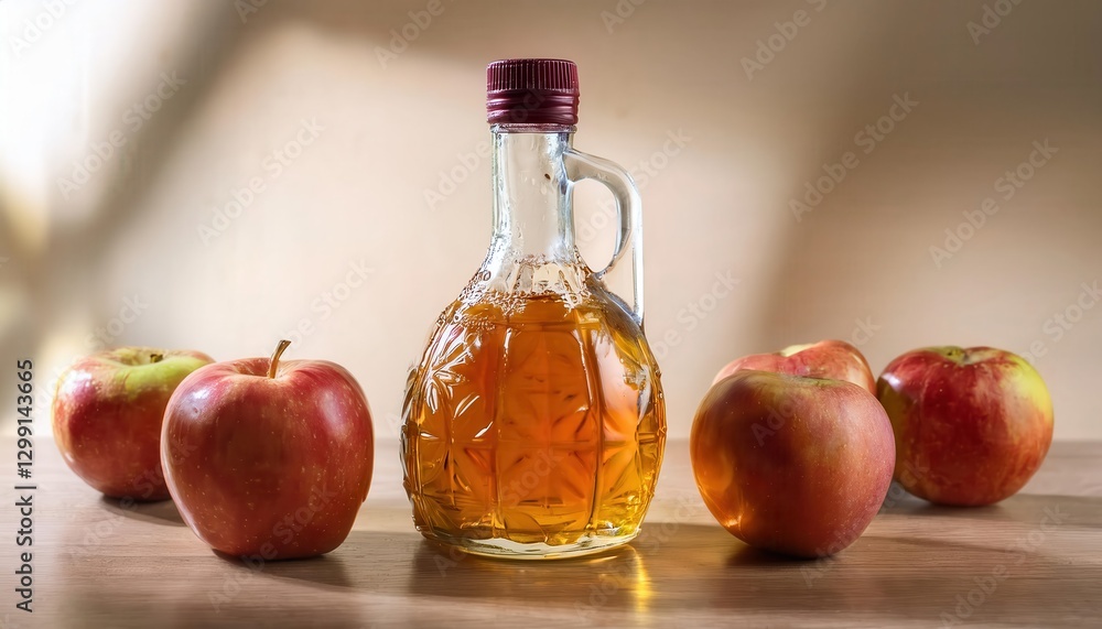 Bottle of apple cider vinegar sits on a wooden table beside a glass in a cozy, well-lit kitchen setting with fresh apples scattered around Bottle of apple cider vinegar sits on a wooden table beside a glass in a cozy, well-lit kitchen setting with fresh apples scattered around