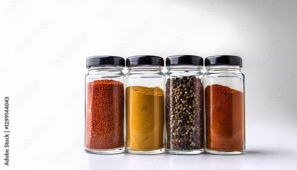 Colorful spices in glass containers arranged neatly on a white background for culinary creativity Colorful spices in glass containers arranged neatly on a white background for culinary creativity