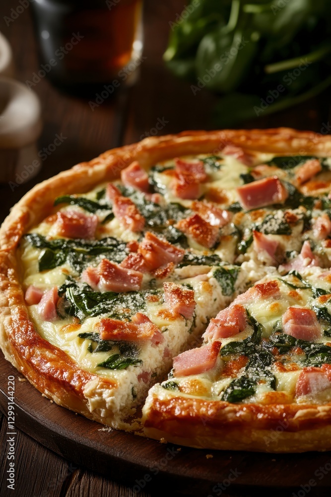 Savory Spinach And Ham Tart With Creamy Cheese Filling And Puff Pastry Crusts And Ingredients for Baking and Topping. Food Photography and Recipe Inspiration for a Delicious Culinary Dish. A Great Savory Spinach And Ham Tart With Creamy Cheese Filling And Puff Pastry Crusts And Ingredients for Baking and Topping. Food Photography and Recipe Inspiration for a Delicious Culinary Dish. A Great