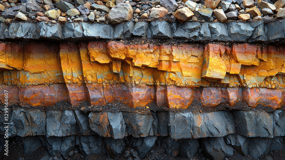 Close-up view of a rich mining site highlighting layers of earth containing valuable minerals like iron ore, copper, and cobalt Close-up view of a rich mining site highlighting layers of earth containing valuable minerals like iron ore, copper, and cobalt