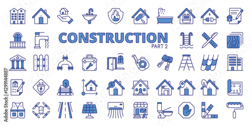 Constructions icons in line design blue, part2. Construction, building, architecture, engineering, contractor, site, infrastructure on white background vector. Constructions editable stroke icons