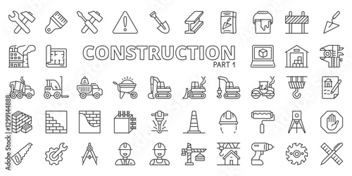 Constructions icons in line design, part 1. Construction, building, architecture, engineering, contractor, site, infrastructure on white background vector. Constructions editable stroke icons