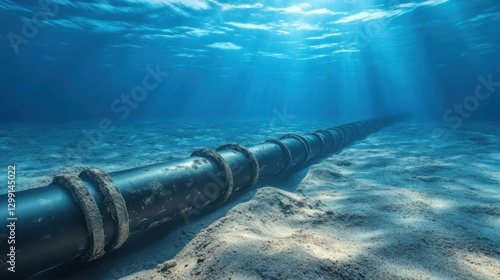 Underwater pipeline stretching across ocean floor transporting oil or gas. Large black pipeline transporting oil or gas lying on the seabed under the ocean surface.