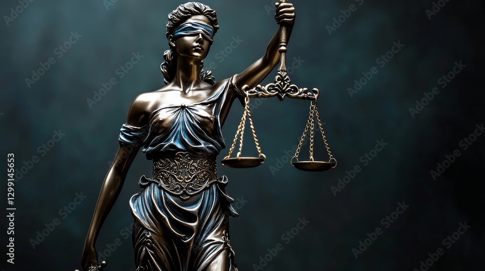 Symbol of Justice: Themis Statue Holding Scales Against Dark Background Symbol of Justice: Themis Statue Holding Scales Against Dark Background