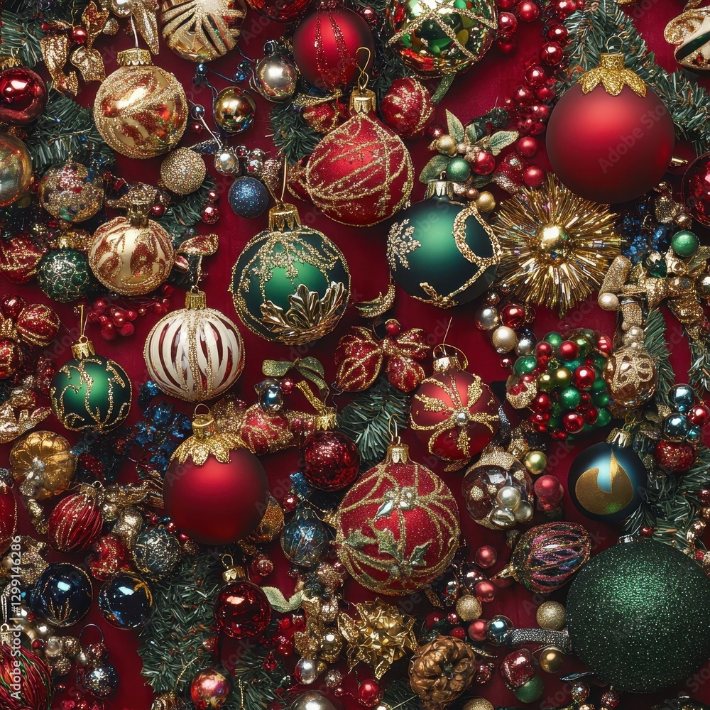 A vibrant close-up of a colorful pile of Christmas ornaments, featuring shiny baubles in various shapes and sizes, resting on a rich red surface, evoking festive cheer. A vibrant close-up of a colorful pile of Christmas ornaments, featuring shiny baubles in various shapes and sizes, resting on a rich red surface, evoking festive cheer.