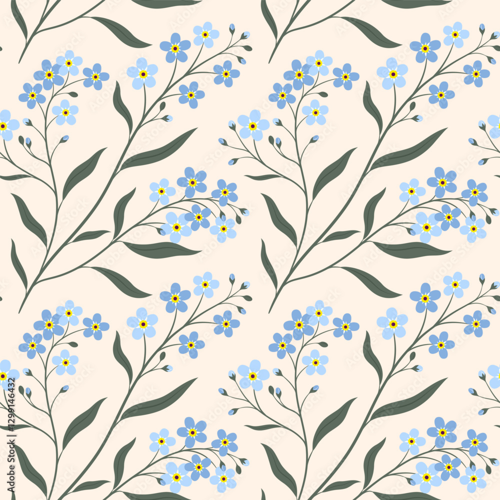 Seamles pattern with bunch of blue forget me not flowers and green leaves on light beige background. Vector editable background. Seamles pattern with bunch of blue forget me not flowers and green leaves on light beige background. Vector editable background.