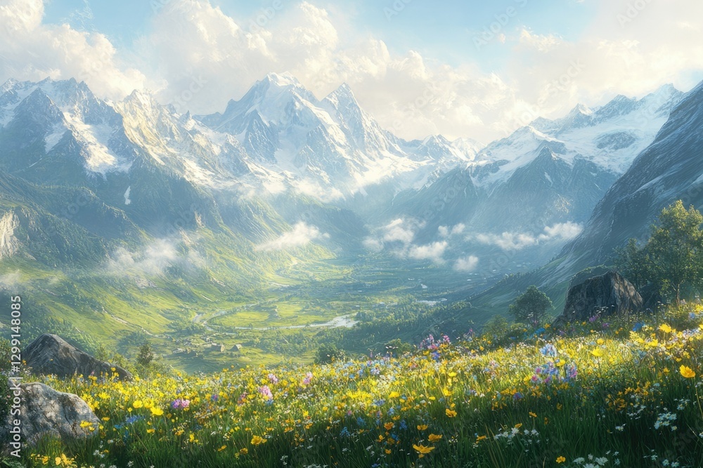 Serene alpine valley bathed in sunlight, vibrant wildflowers bloom in foreground, majestic snow-capped mountains in background. Serene alpine valley bathed in sunlight, vibrant wildflowers bloom in foreground, majestic snow-capped mountains in background.