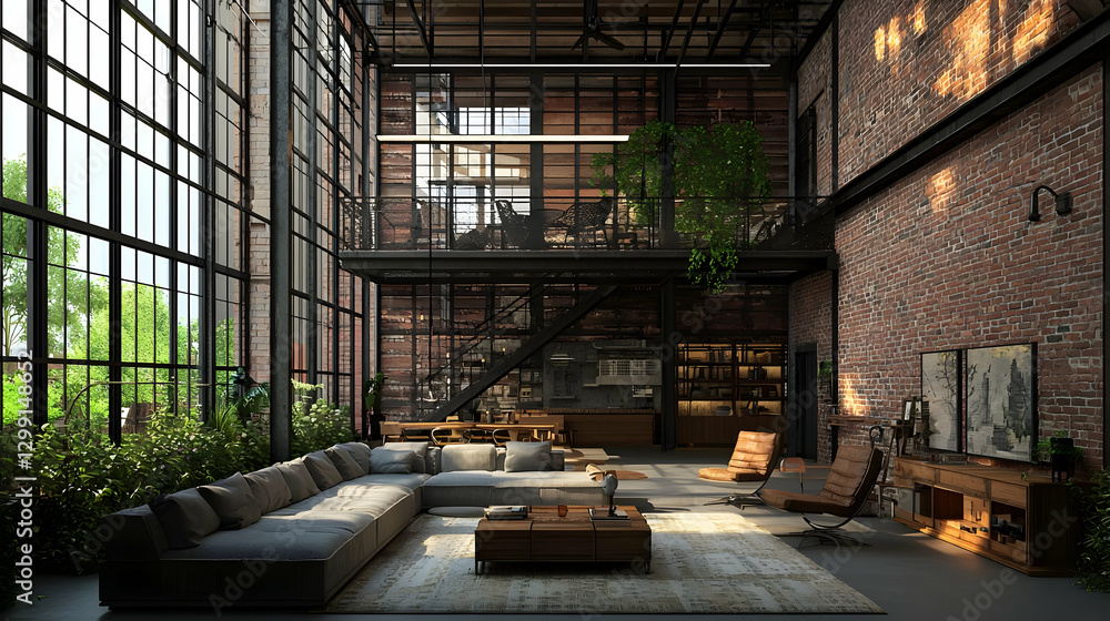 Spacious Modern Interior Design with Brick Walls Large Windows and Comfortable Furnishings Spacious Modern Interior Design with Brick Walls Large Windows and Comfortable Furnishings