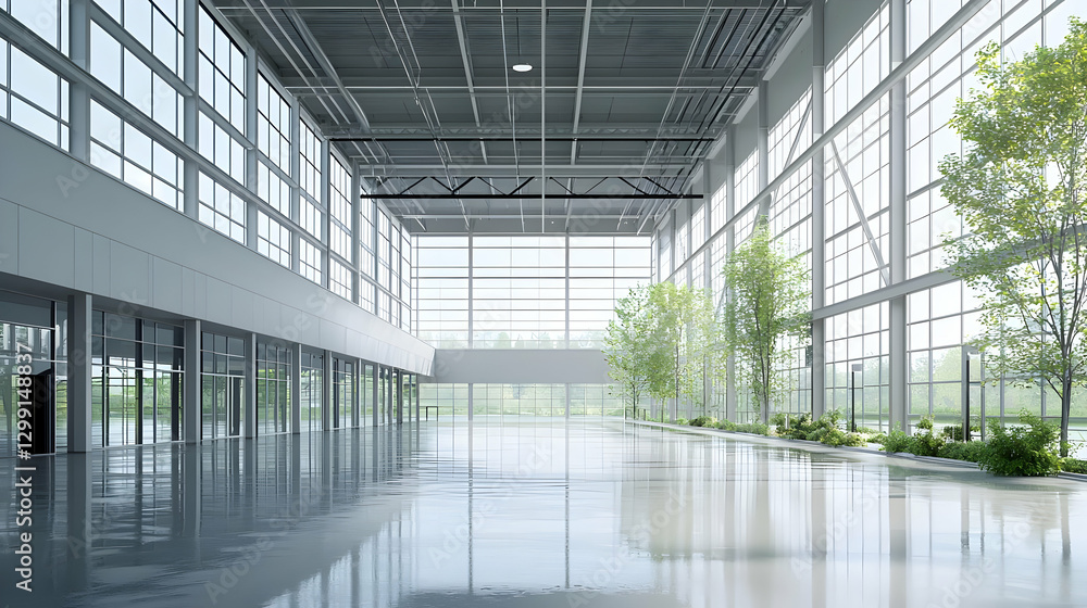 Modern Interior Hallway Architecture with Large Windows and Reflective Floor Under Bright Daylight Modern Interior Hallway Architecture with Large Windows and Reflective Floor Under Bright Daylight