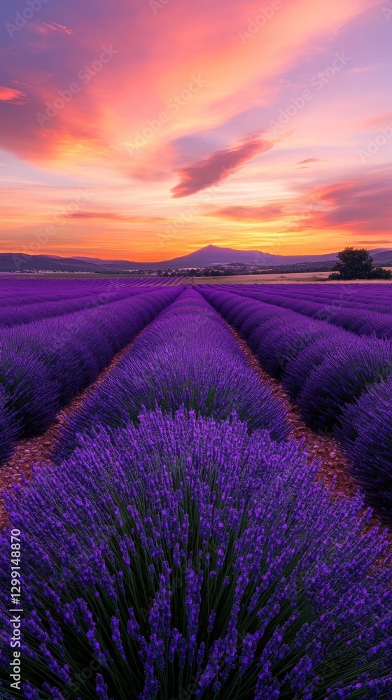 Obraz premium A vast field of lavender stretching to the horizon, with a vibrant sunset casting colorful hues over the landscape.