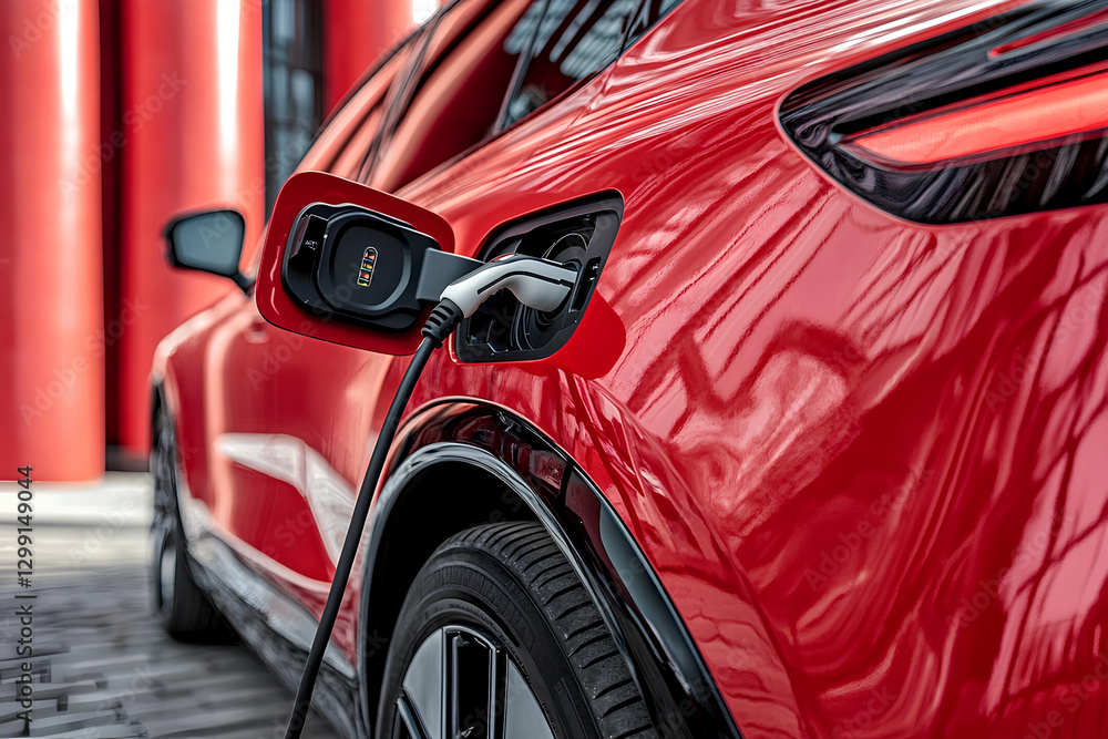 Electric car being charged with a power cable at a public charging station Electric car being charged with a power cable at a public charging station
