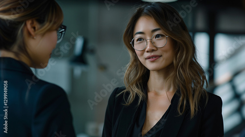 Wallpaper Mural Two professional businesswomen engaged in a friendly and productive conversation in a modern office environment, discussing corporate strategies, teamwork, and business growth while maintaining a conf Torontodigital.ca