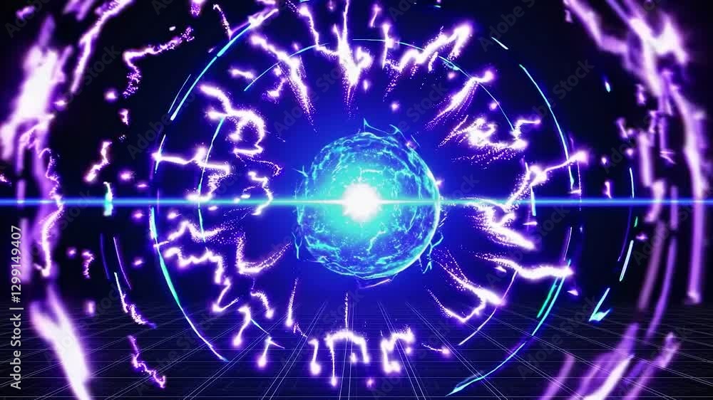 Purple electric arcs rotating around a blue energy sphere in a digital world with a grid, creating a futuristic and technological atmosphere Purple electric arcs rotating around a blue energy sphere in a digital world with a grid, creating a futuristic and technological atmosphere