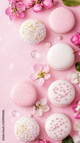 Pink macarons and blossoms, spring dessert, pink background, food photography, for blogs