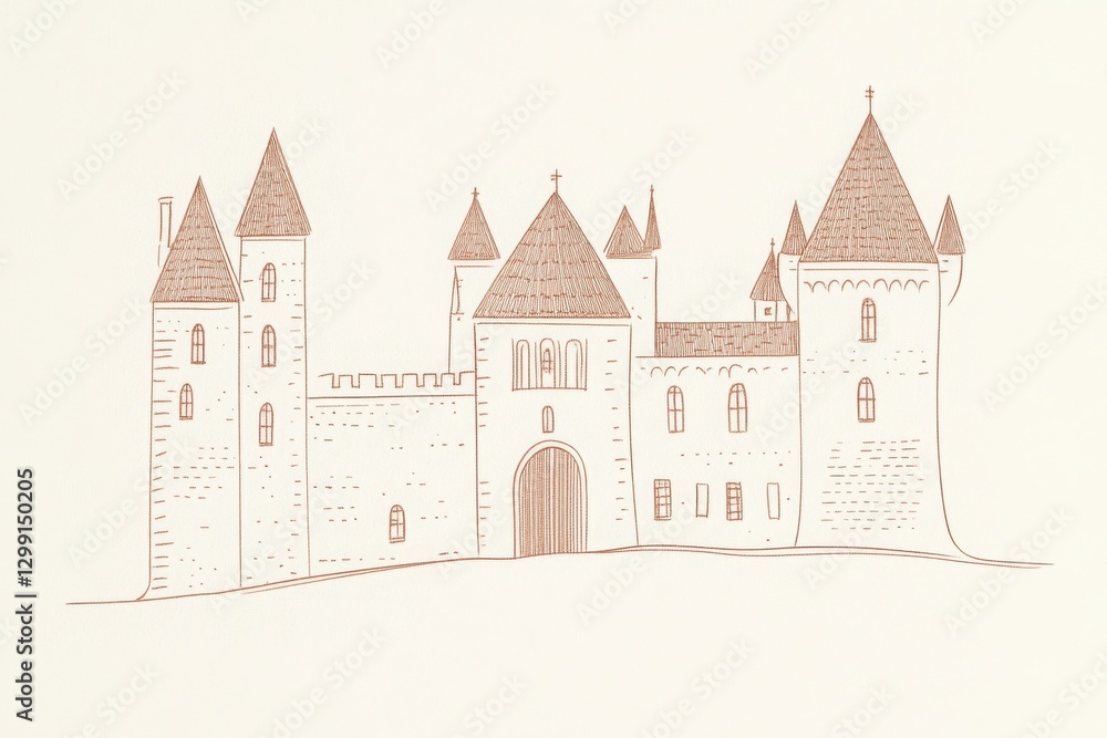 Sepia Drawing of a Medieval Castle with Towers and Gate Sepia Drawing of a Medieval Castle with Towers and Gate