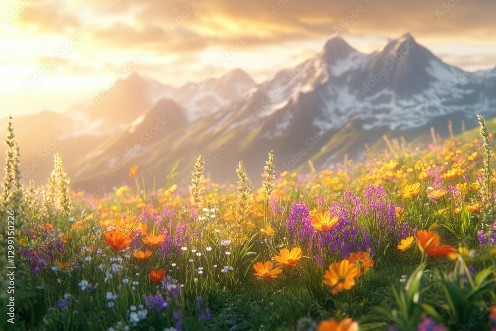 Fototapeta premium Vibrant wildflowers bloom in a sun-drenched alpine meadow, majestic mountains forming a breathtaking backdrop.
