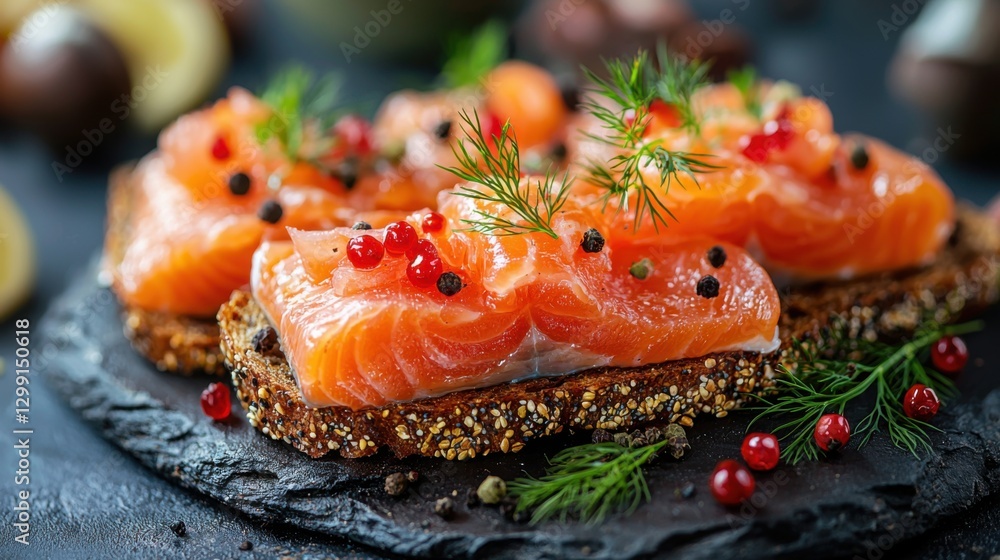 Fresh Salmon Slices on Dark Rustic Bread with Garnishes and Berries Fresh Salmon Slices on Dark Rustic Bread with Garnishes and Berries